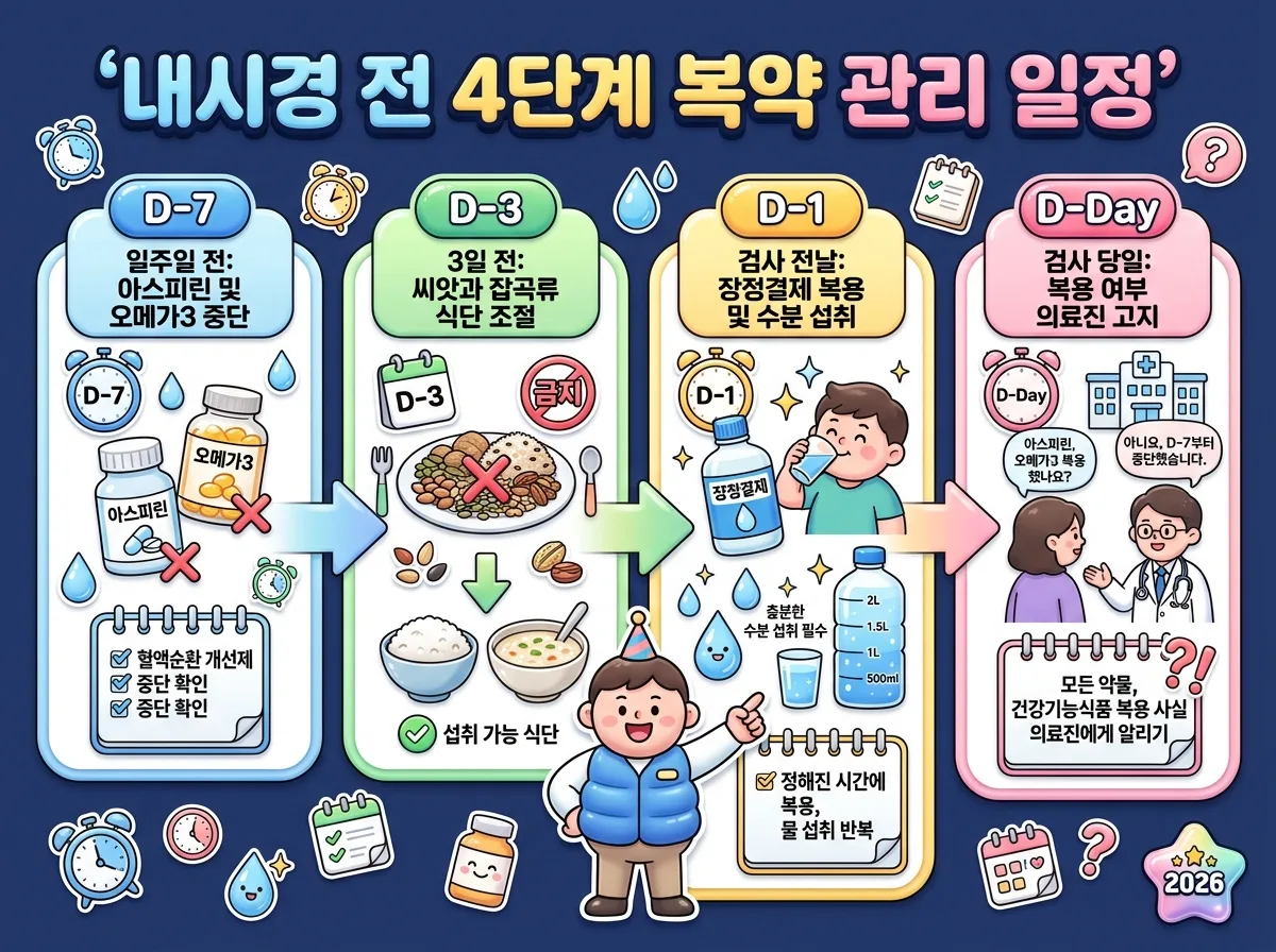 내시경 검사 전 D-7 약물 중단부터 D-Day 당일까지 단계별 복약 및 식단 관리 일정을 정리한 안내 포스터