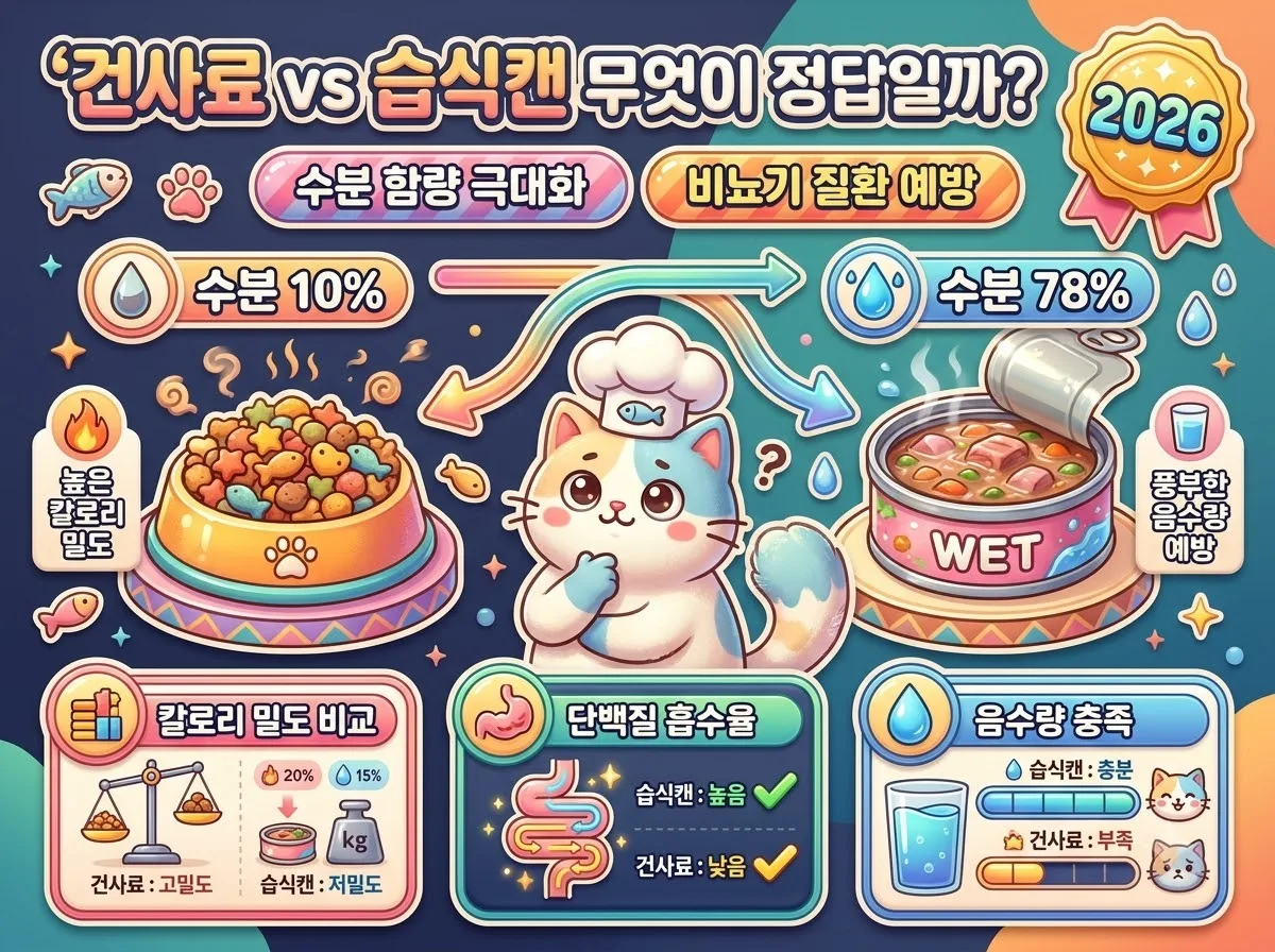 고양이 건사료와 습식캔의 수분 함량 및 영양 밀도 차이를 한눈에 비교하고 반려묘에게 적합한 급여 방식을 안내하는 인포그래픽 포스터.