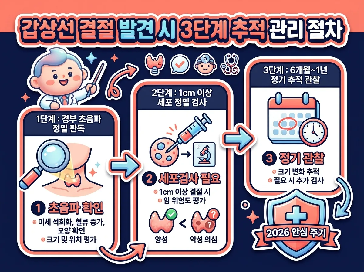 갑상선 결절 발견 시 진행되는 경부 초음파부터 조직검사 및 정기 추적 관찰까지의 3단계 절차 로드맵 인포그래픽
