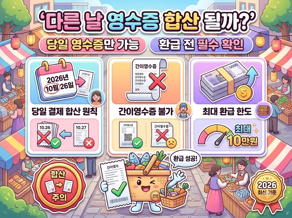 온누리상품권 환급행사에서 다른 날짜 영수증의 합산 불가 원칙과 당일 결제 영수증 합산 기준 및 환급 전 필수 점검 사항을 요약한 인포그래픽 썸네일.