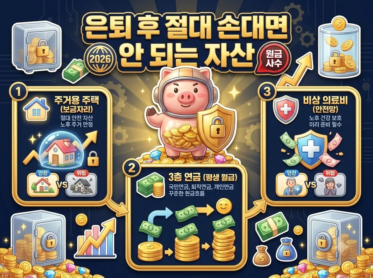 은퇴 후 노후 자금을 안전하게 지키기 위해 절대 손대면 안 되는 핵심 자산 관리 원칙을 설명하는 인포그래픽 포스터