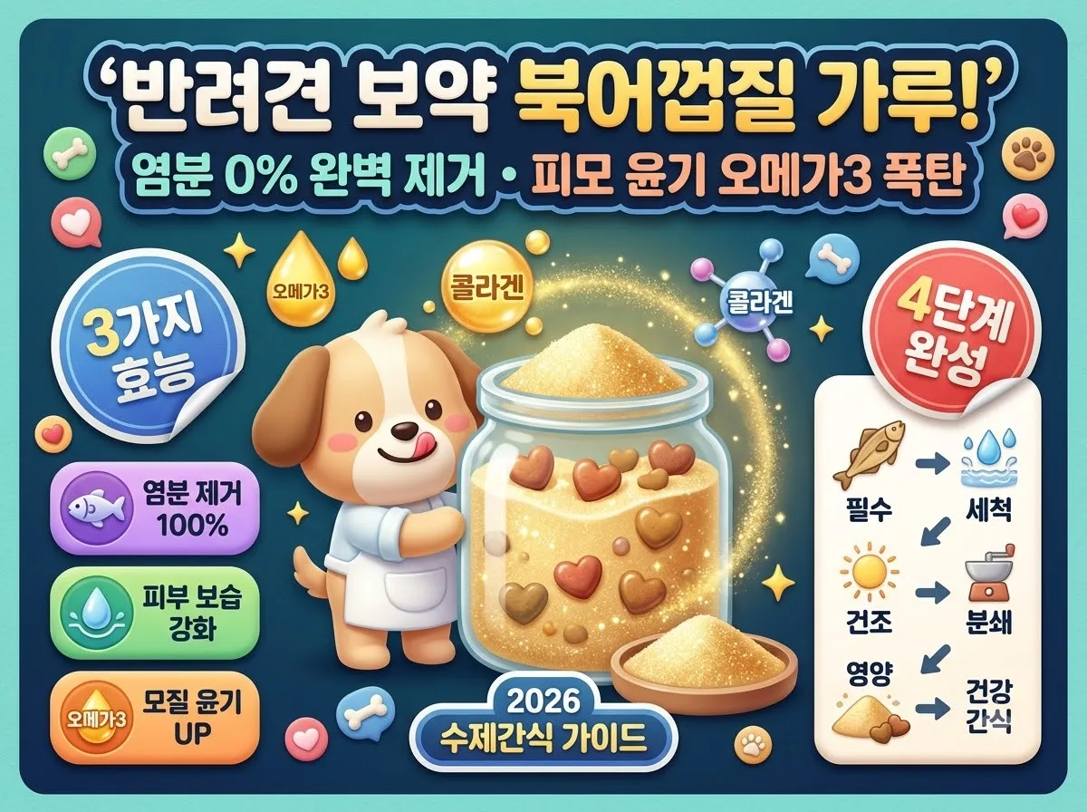 반려견 피모 건강과 기호성을 높이는 영양 가득한 강아지 북어껍질 가루 만들기 핵심 팁과 4단계 제작 과정 인포그래픽