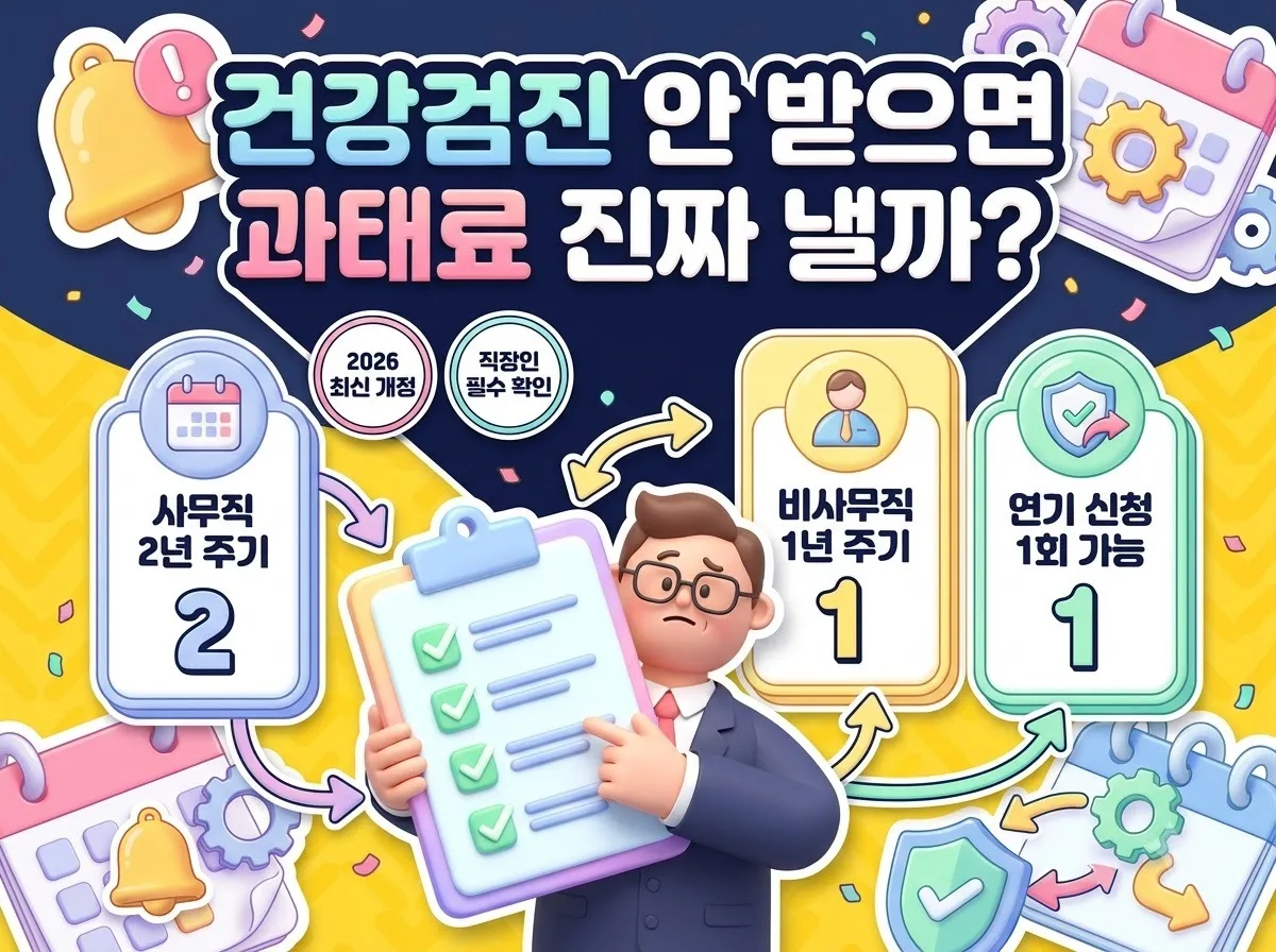 2026년 직장인 국가건강검진 미수검 시 과태료 발생 여부와 사무직 및 비사무직 수검 주기를 한눈에 정리한 인포그래픽 안내 포스터입니다.