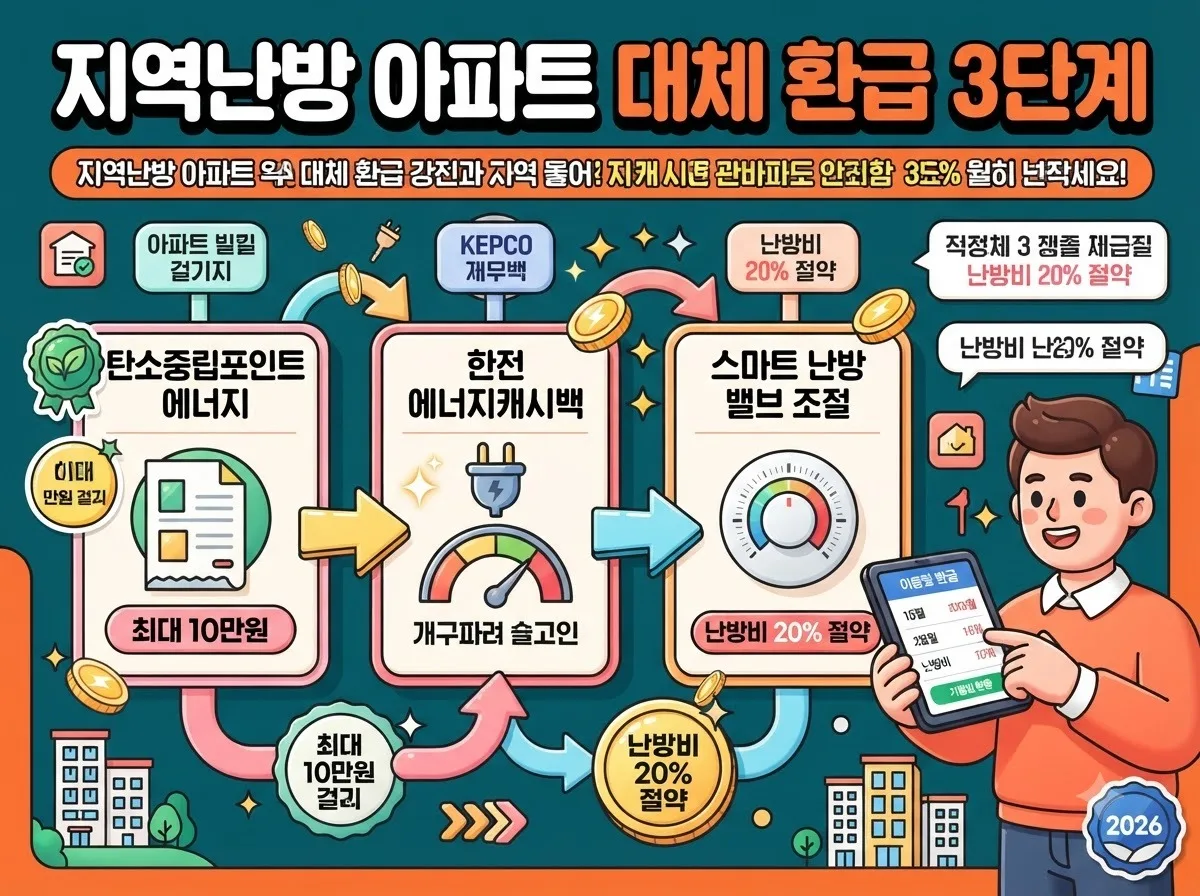 지역난방 아파트 거주자가 도시가스 캐시백 대신 신청 가능한 탄소중립포인트와 한전 캐시백 등 3가지 대체 환급 수단 안내도입니다.
