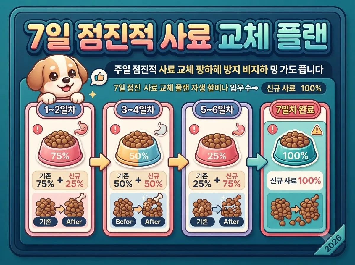 기존 사료와 새 사료의 비율을 7일에 걸쳐 점진적으로 늘려가는 소화 장애 예방 교체 4단계 인포그래픽입니다.