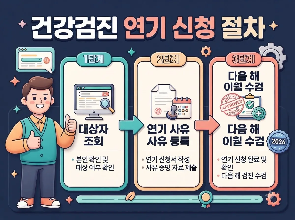 부득이한 사정으로 당해 연도 검진을 받지 못했을 때 신청하는 국가건강검진 연기 절차와 수검 단계별 확인 사항 인포그래픽입니다.