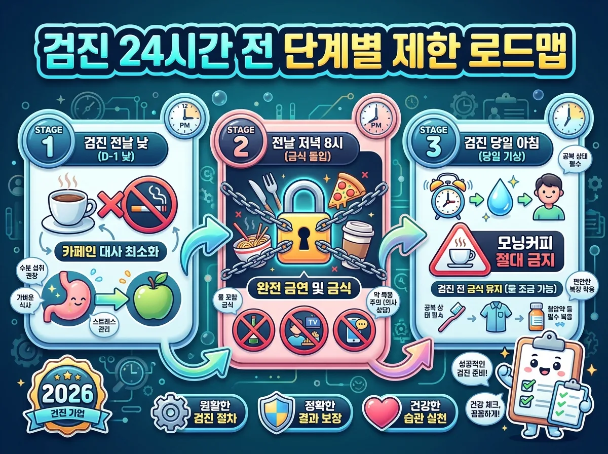 건강검진 24시간 전부터 당일까지 시간대별 커피 및 담배 섭취 제한 가이드를 나타낸 타임라인 인포그래픽