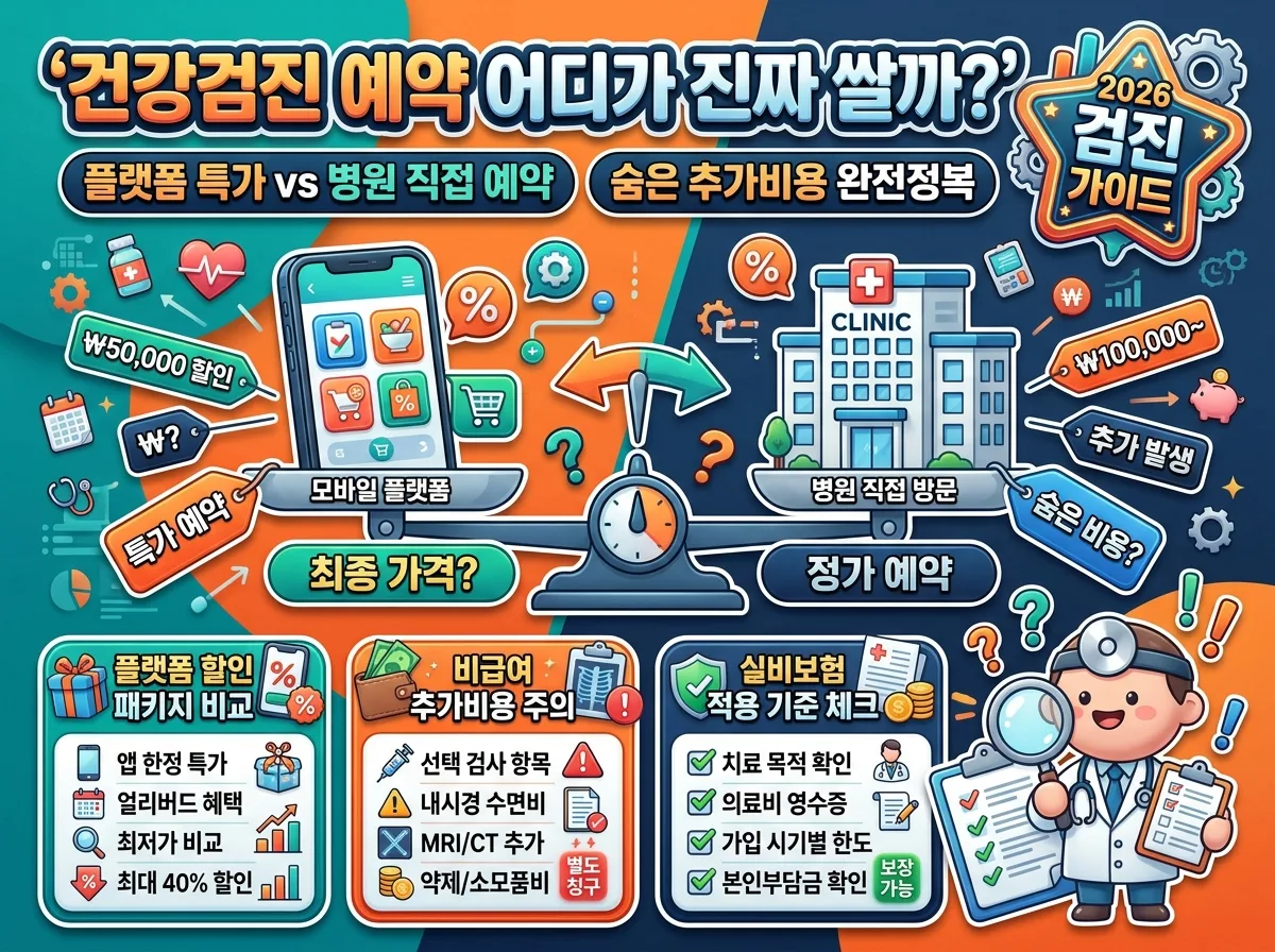 건강검진 플랫폼 할인 예약과 병원 직접 예약의 가격 비교 및 비급여 항목 선택 시 확인해야 할 핵심 주의사항 안내 인포그래픽