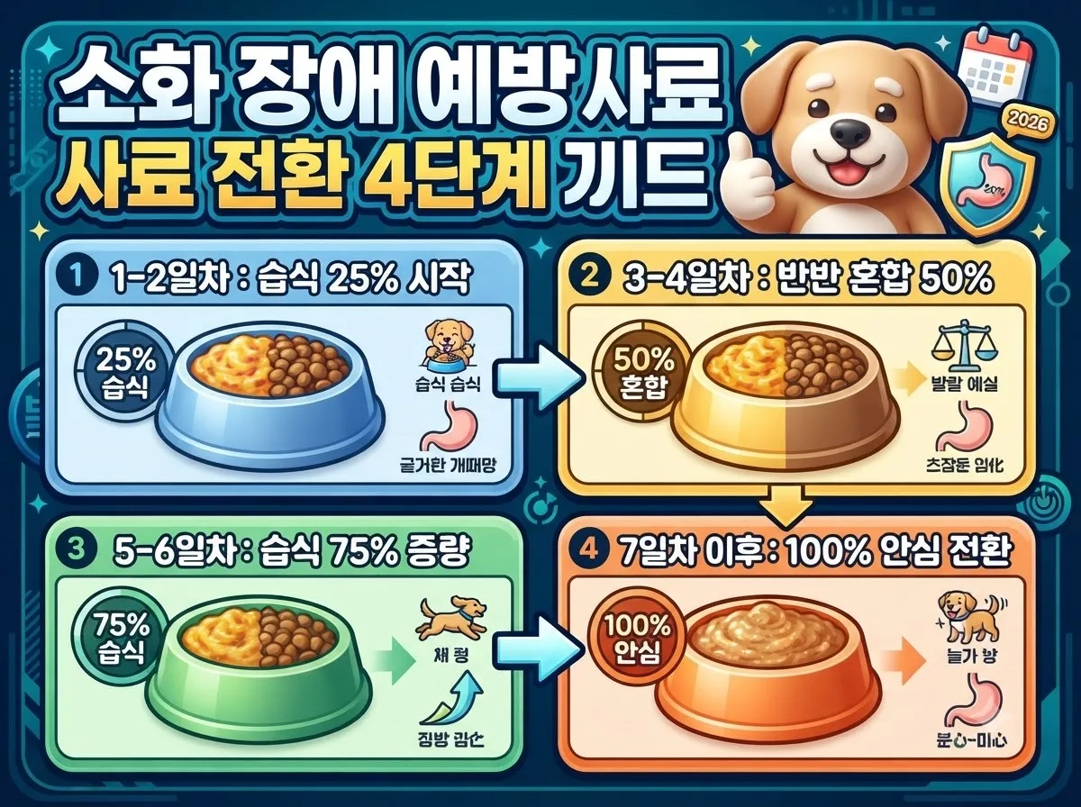 노령견의 소화기 부담과 설사를 방지하기 위해 일주일 동안 점진적으로 습식 사료 비율을 늘리는 단계별 급여 전환 가이드 이미지입니다.