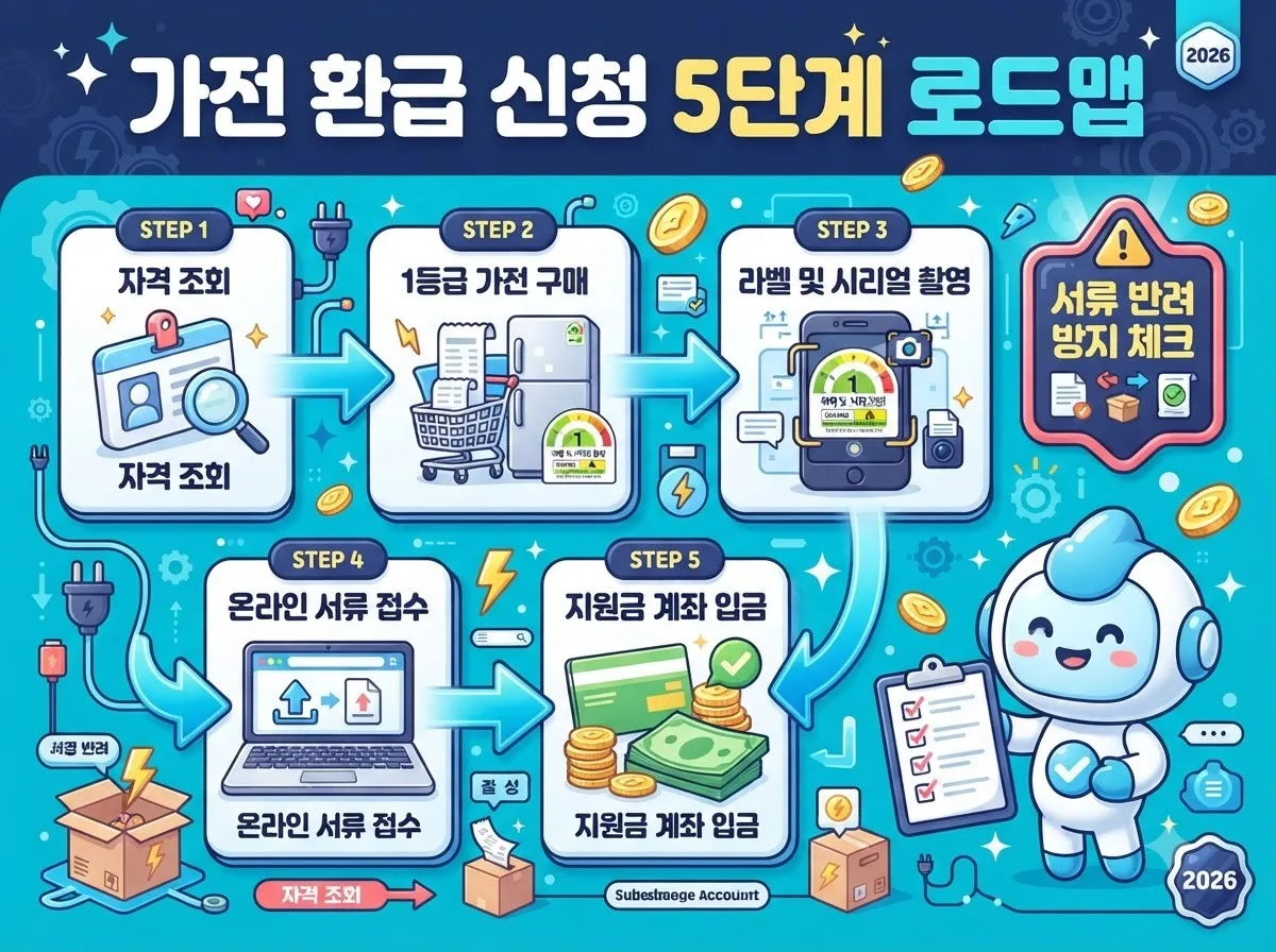 한전 고효율 가전 환급 신청 순서 5단계와 서류 준비 요령을 정리한 인포그래픽