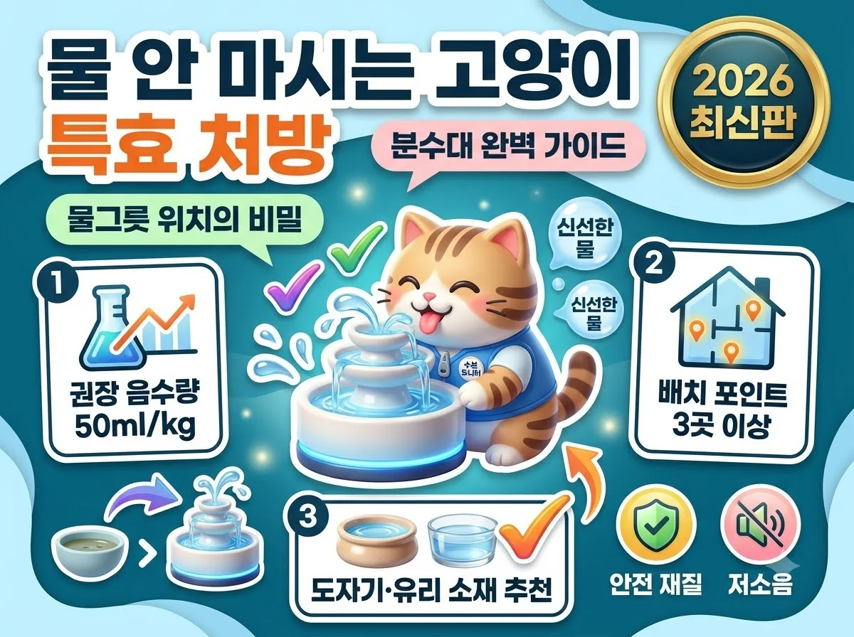 고양이 권장 음수량 계산법과 세라믹 분수대 및 물그릇 위치 선정 비결을 한눈에 정리한 2026 정보성 인포그래픽 썸네일 포스터입니다.