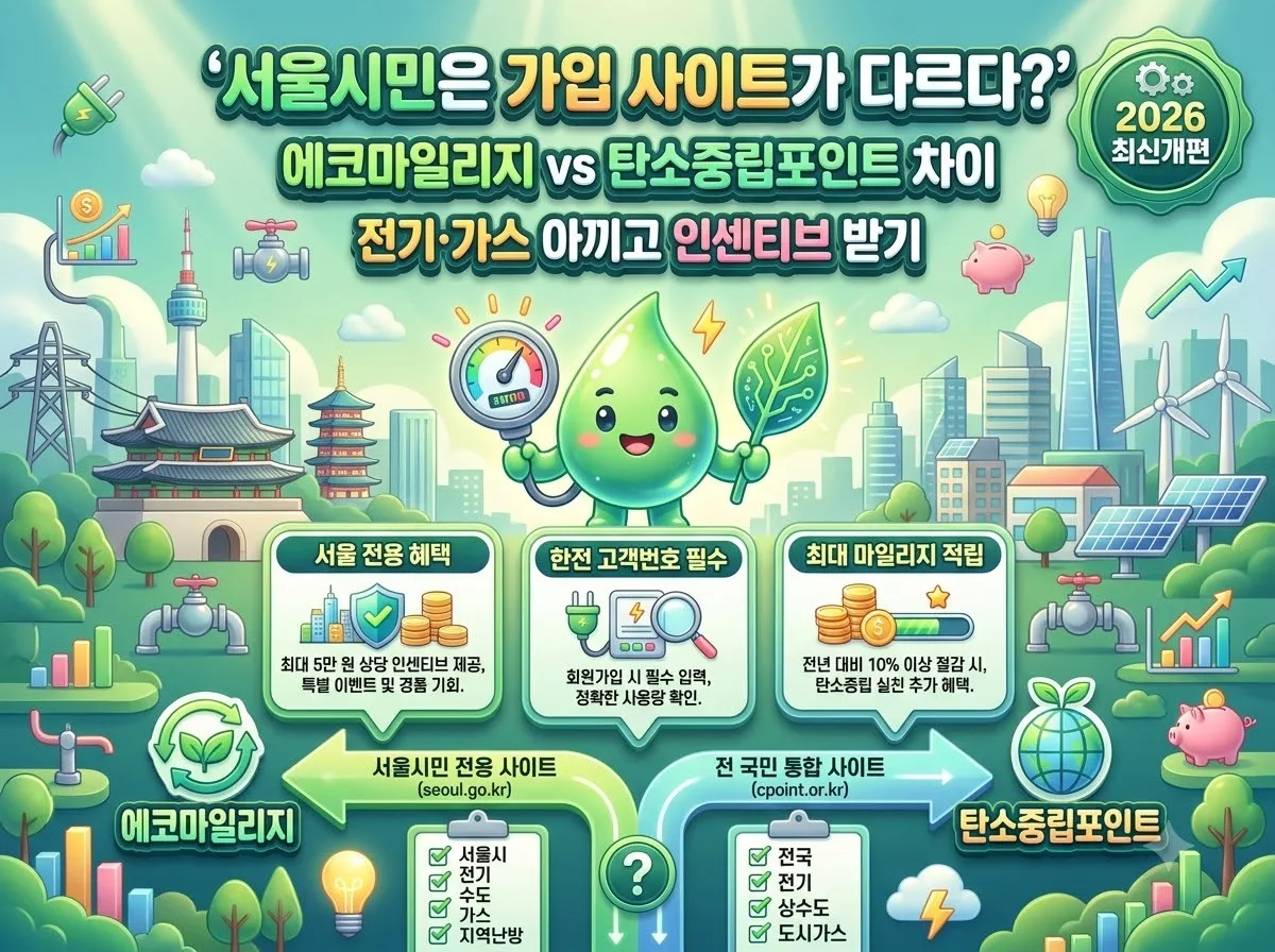 서울시 에코마일리지와 전국 탄소중립포인트의 사이트 가입 차이점과 전기 가스요금 절약 혜택을 비교 설명하는 인포그래픽 포스터 이미지입니다.