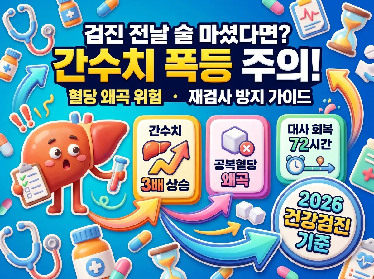 건강검진 전날 음주로 인한 간수치 폭등과 공복혈당 왜곡 변화 및 72시간 대사 회복 기준을 안내하는 인포그래픽 썸네일