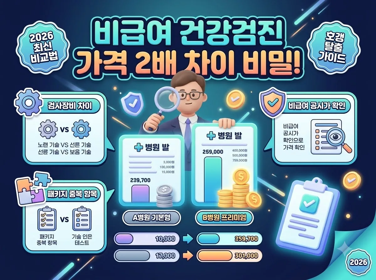 비급여 건강검진 가격이 병원마다 2배 이상 차이 나는 원인과 현명한 비교 팁을 정리한 2026 건강검진 비용 안내 썸네일 포스터입니다.