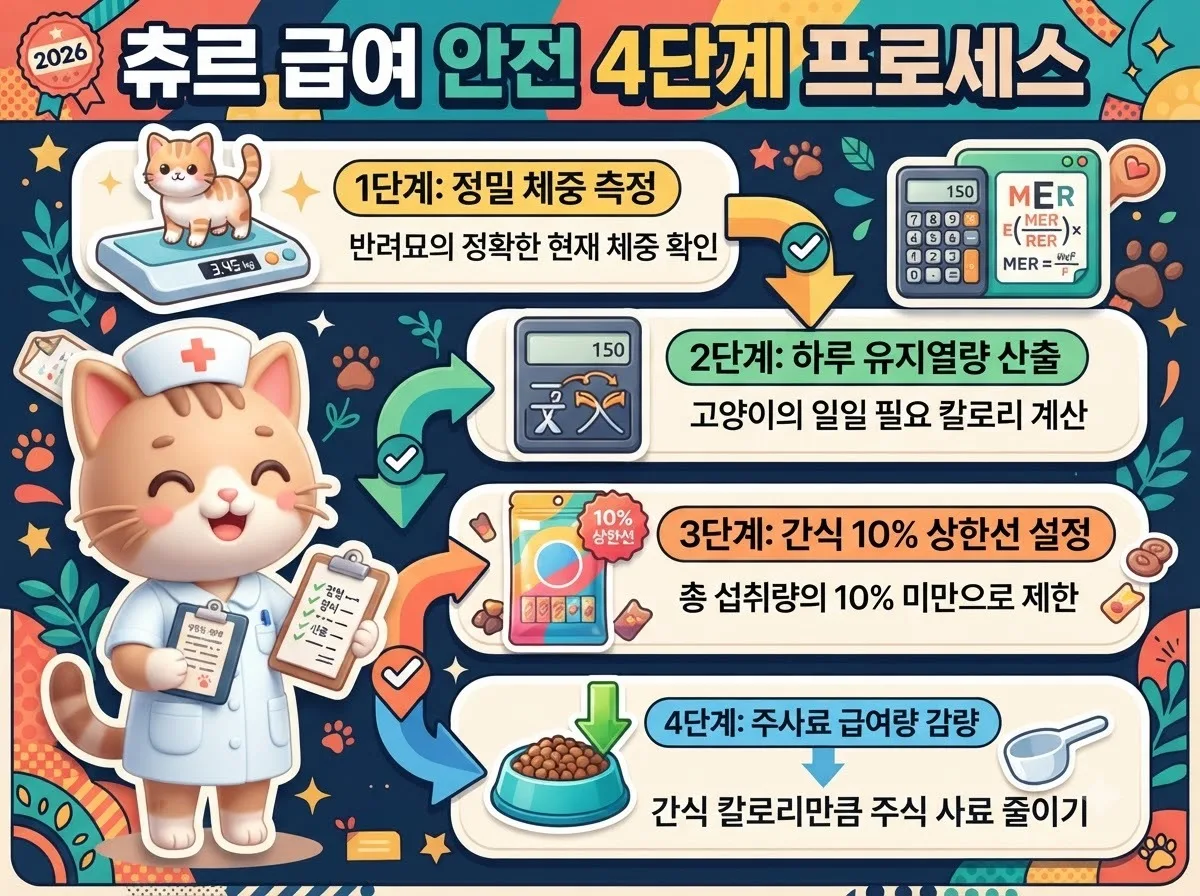 체중 측정부터 주사료 감량까지 고양이 츄르의 안전한 급여 4단계를 안내하는 상세 인포그래픽