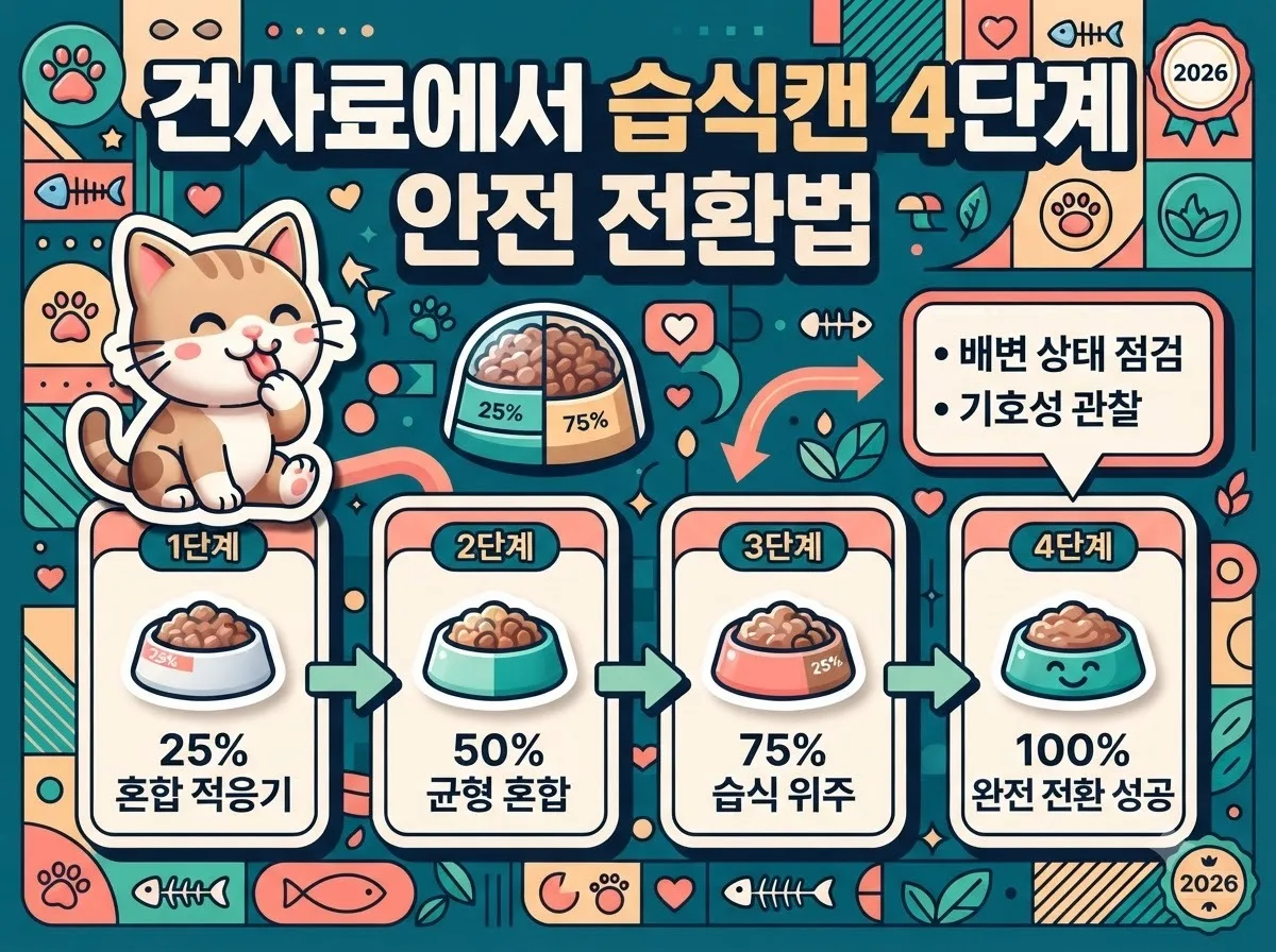 건사료에서 습식캔으로 안전하게 식이 전환을 돕는 4단계 혼합 급여 방법과 주의사항을 알기 쉽게 정리한 단계별 인포그래픽.