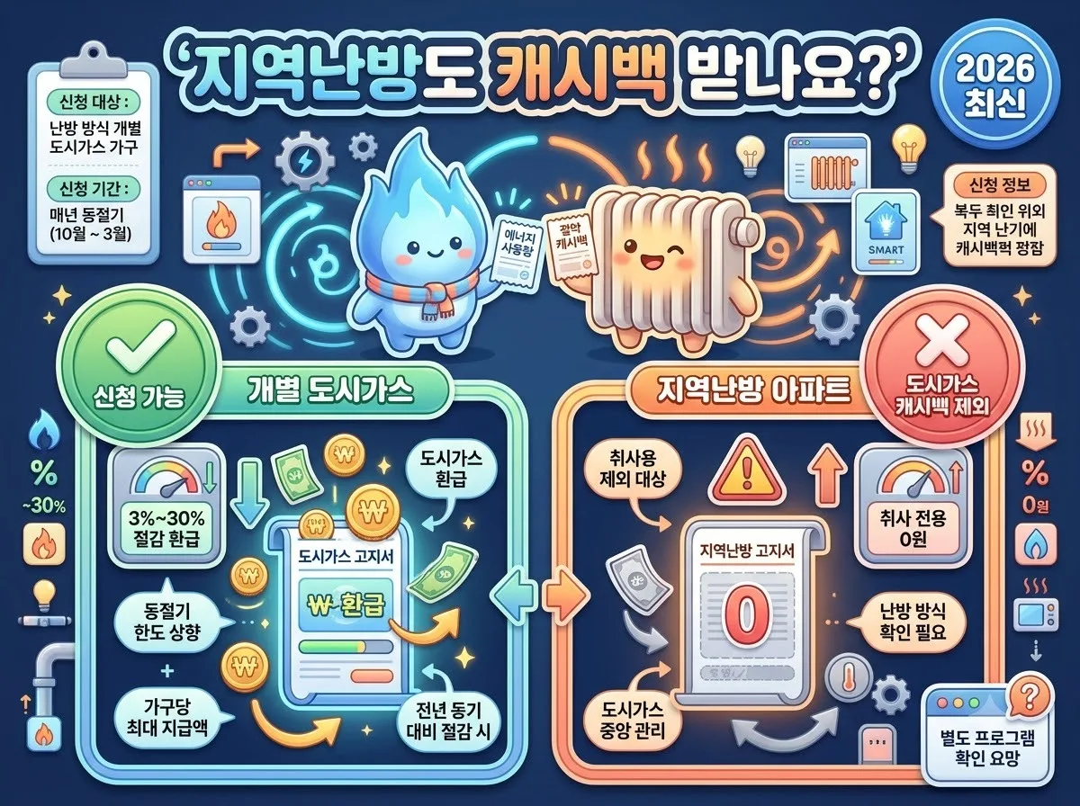 도시가스 캐시백 대상 여부와 지역난방 아파트 환급 불가 사유 및 절감 기준을 비교 정리한 2026년 안내 인포그래픽 썸네일입니다.