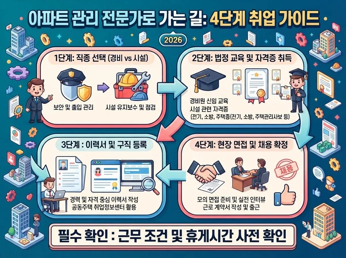 미경력자가 아파트 관리직으로 취업하기 위한 직종 선택부터 채용 확정까지의 4단계 취업 준비 절차 안내