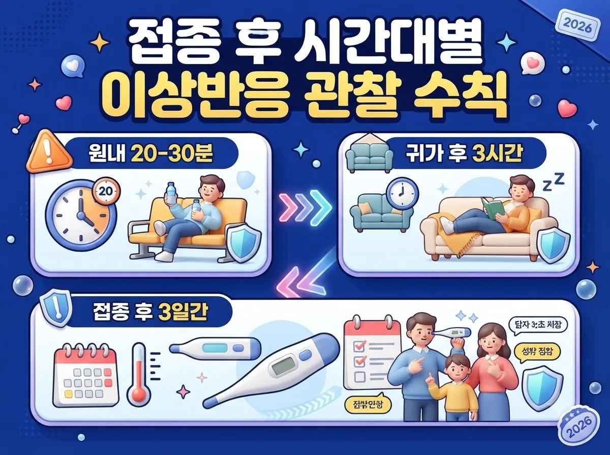 독감 접종 직후 원내 대기부터 귀가 후 3일간 경과를 관찰해야 하는 시간대별 주의사항 인포그래픽