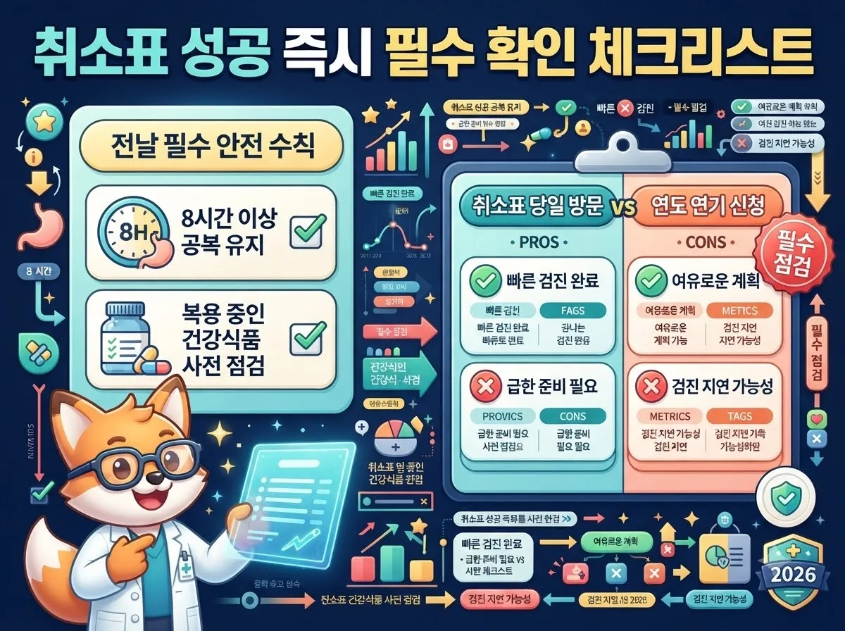 건강검진 취소표 예약 성공 직후 반드시 지켜야 할 필수 금식 시간과 안전 체크리스트 비교 요약 인포그래픽