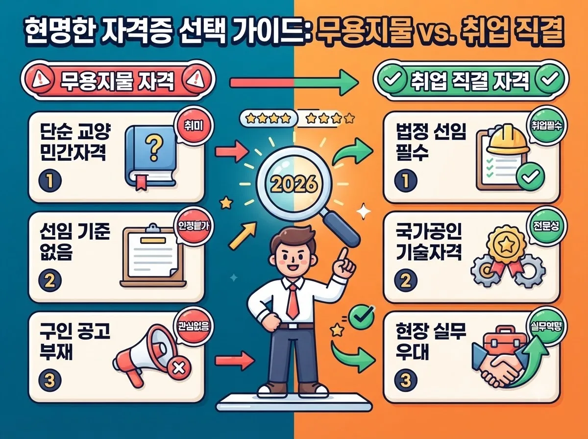취업 시장에서 구인 수요가 없는 민간 자격과 법정 선임 요건을 갖춘 실효성 높은 국가기술자격을 비교한 분석 인포그래픽