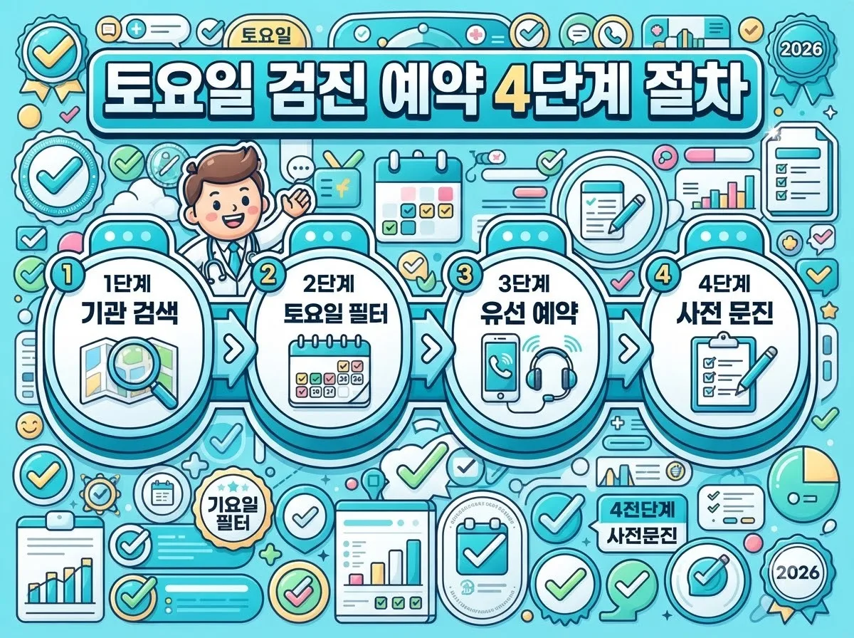 국민건강보험공단 검진기관 검색부터 토요일 운영 여부 확인 및 사전 예약과 문진표 작성까지 이어지는 4단계 예약 절차 가이드 이미지입니다.