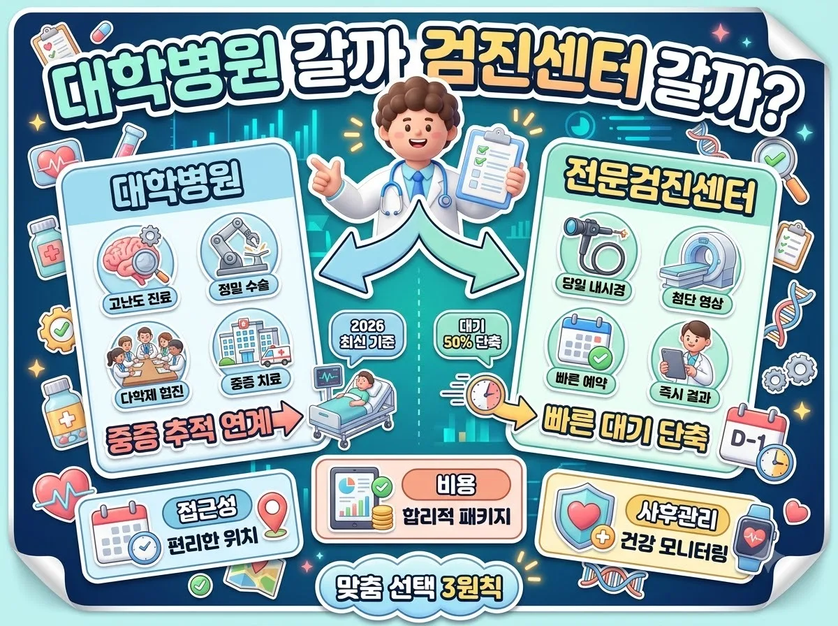 대학병원과 전문검진센터의 대기 시간 단축과 목적별 선택 기준을 비교 정리한 건강검진 예약 안내 인포그래픽 썸네일