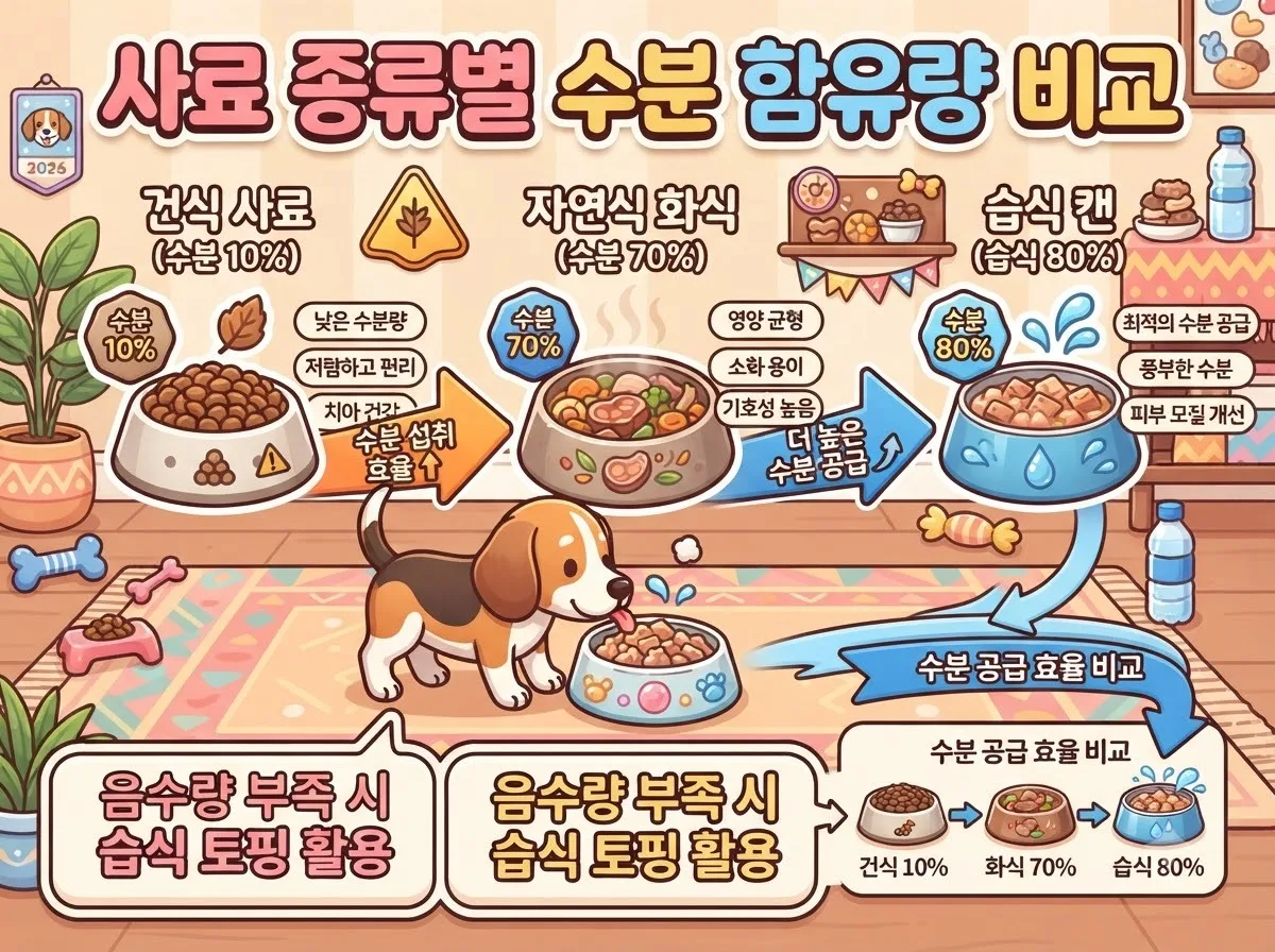 건식 사료와 자연식 화식 및 습식 캔의 수분 함유량 차이와 식단을 활용한 강아지 수분 보충 방법을 비교한 정보성 인포그래픽