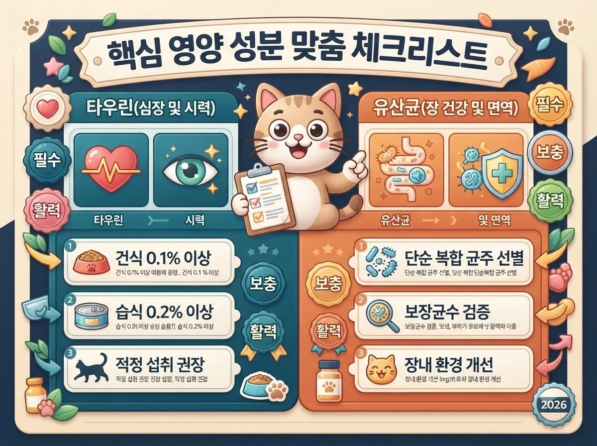 고양이 필수 영양소인 타우린과 유산균의 주요 효능 및 제품 선별 시 체크포인트를 알기 쉽게 비교한 상세 인포그래픽