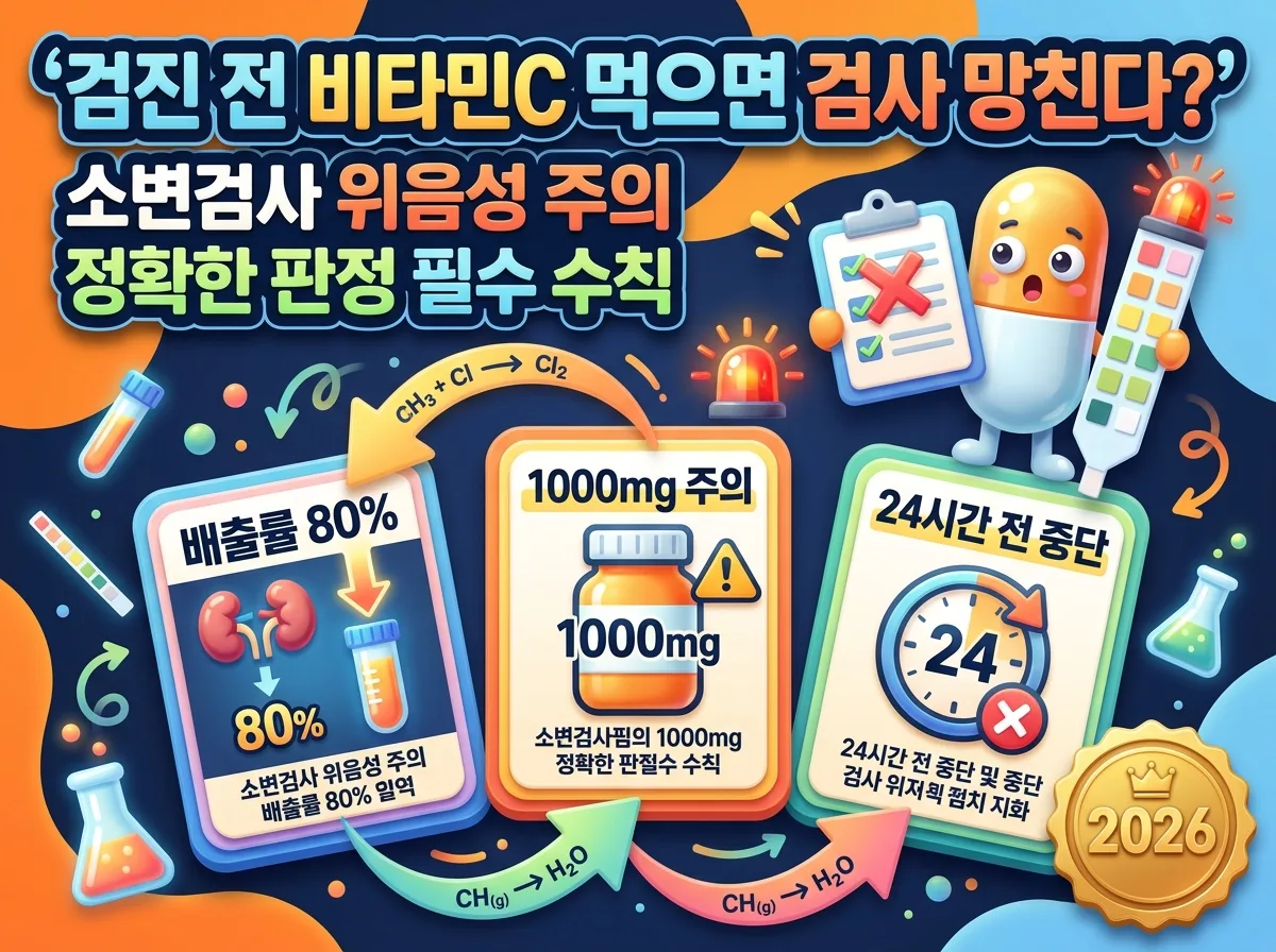 건강검진 전 비타민C 영양제 섭취 시 소변검사 오류가 발생하는 원인과 검진 전 주의사항을 정리한 인포그래픽 썸네일