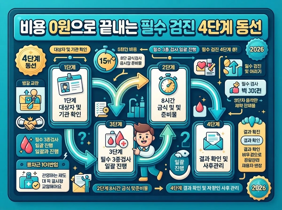 공단 대상자 조회부터 금식 수칙과 결과 관리까지 비용 없이 검진을 완료하는 4단계 실천 가이드 이미지입니다.