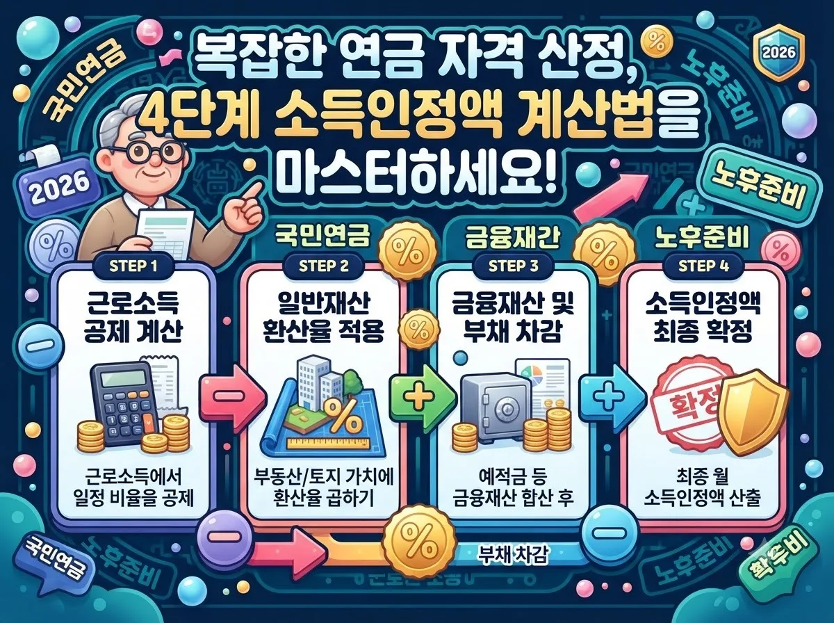 기초연금 수급 자격 심사를 위한 소득인정액 계산 4단계 절차를 단계별로 안내하는 인포그래픽