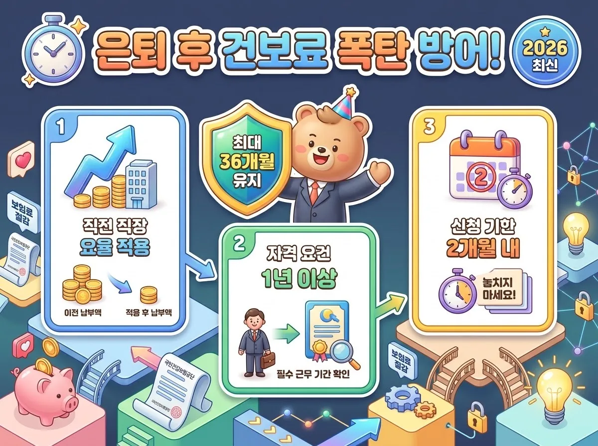 은퇴 후 건강보험료를 최대 36개월 동안 종전 직장보험료 수준으로 낮춰주는 임의계속가입 제도 안내 인포그래픽