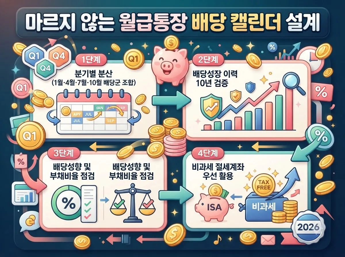 분기별 배당 분산 전략과 안정적인 월 현금흐름 구축 4단계를 체계적으로 시각화한 금융 포트폴리오 안내 이미지입니다.