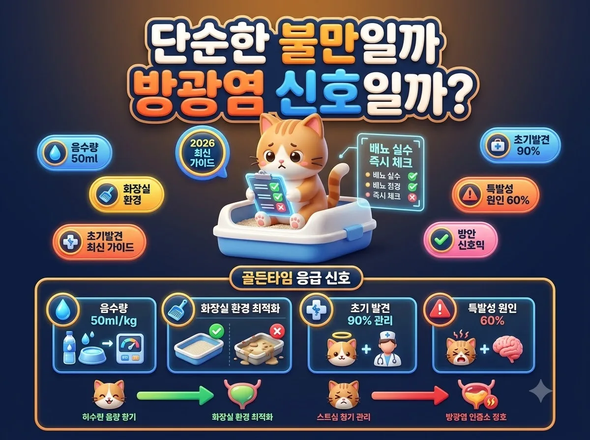 고양이 배뇨 실수 원인과 방광염 초기 증상을 구별하는 2026년 기준 핵심 체크리스트와 음수량 관리법 인포그래픽