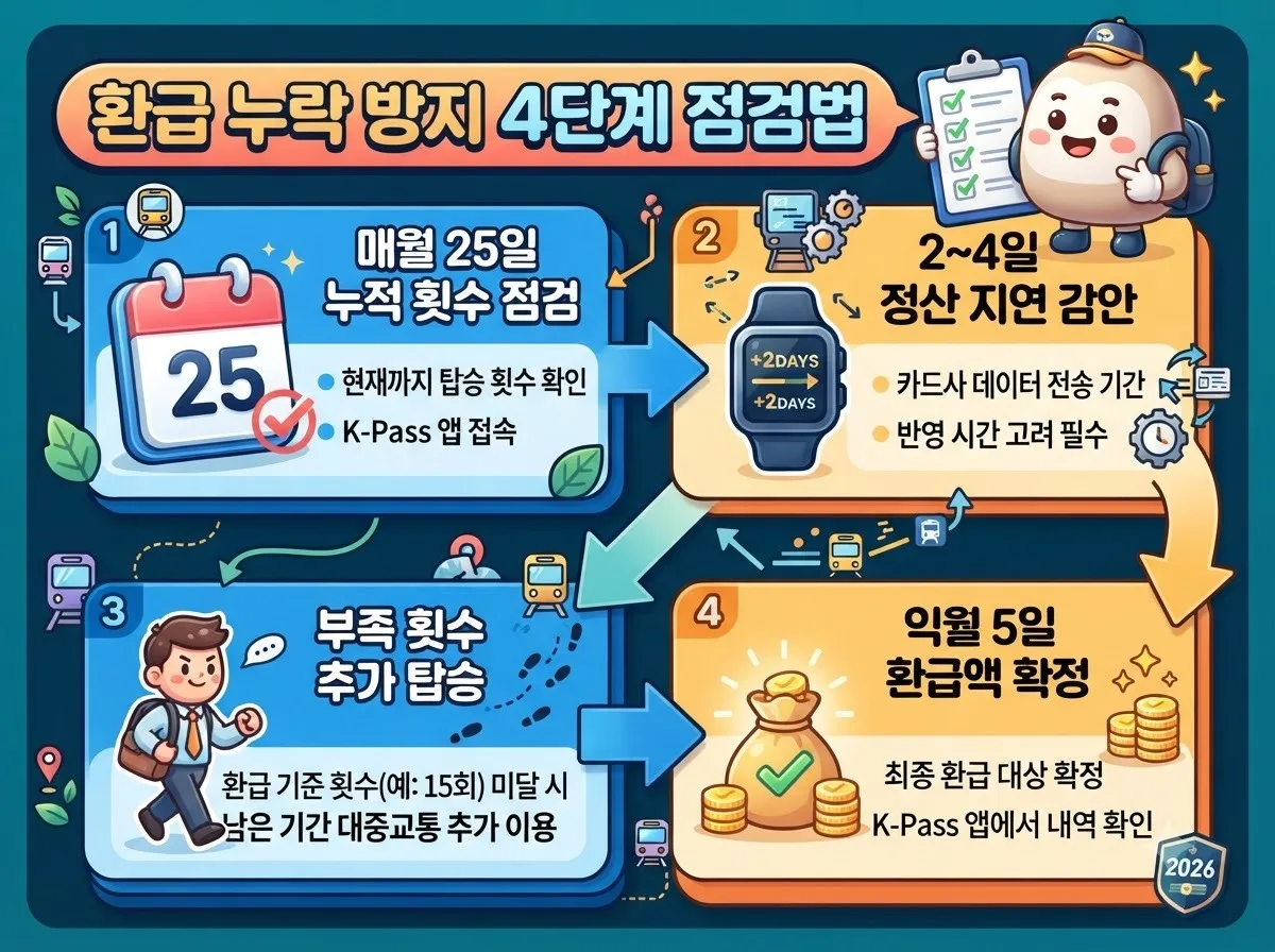 월말 K패스 환급 자격을 충족하고 누락을 예방하기 위한 4단계 점검 절차를 정리한 인포그래픽