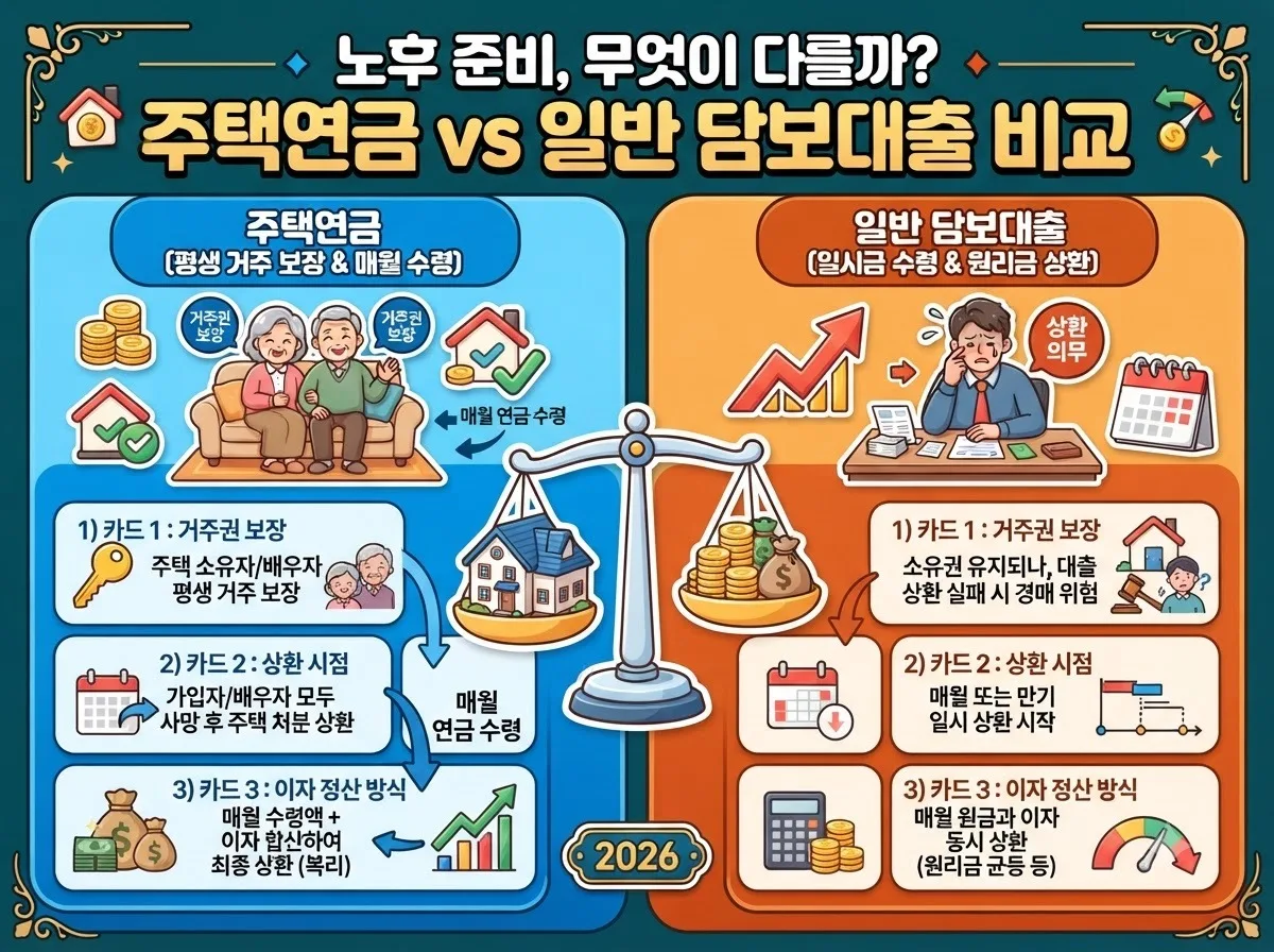 주택연금과 일반 주택담보대출의 구조적 차이점과 상환 방식 및 거주 보장 조건을 비교한 인포그래픽