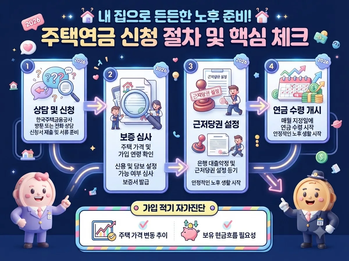 주택연금 가입 신청 4단계 절차와 최적의 가입 적기 판단 기준을 정리한 단계별 로드맵 인포그래픽