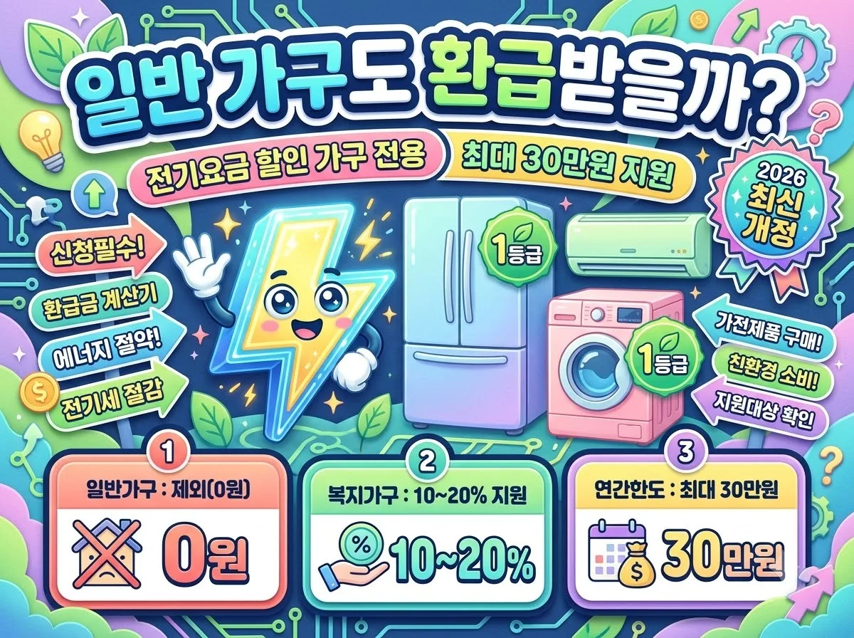 한전 고효율 가전 환급 사업 일반 가구 대상 여부와 가구 유형별 지원 한도를 요약한 인포그래픽 썸네일