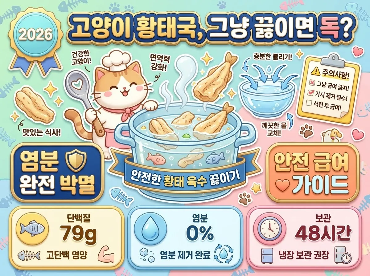 고양이 황태국 끓이는 법과 염분 제거 핵심 수칙 및 안전 보관 기준을 정리한 인포그래픽 썸네일