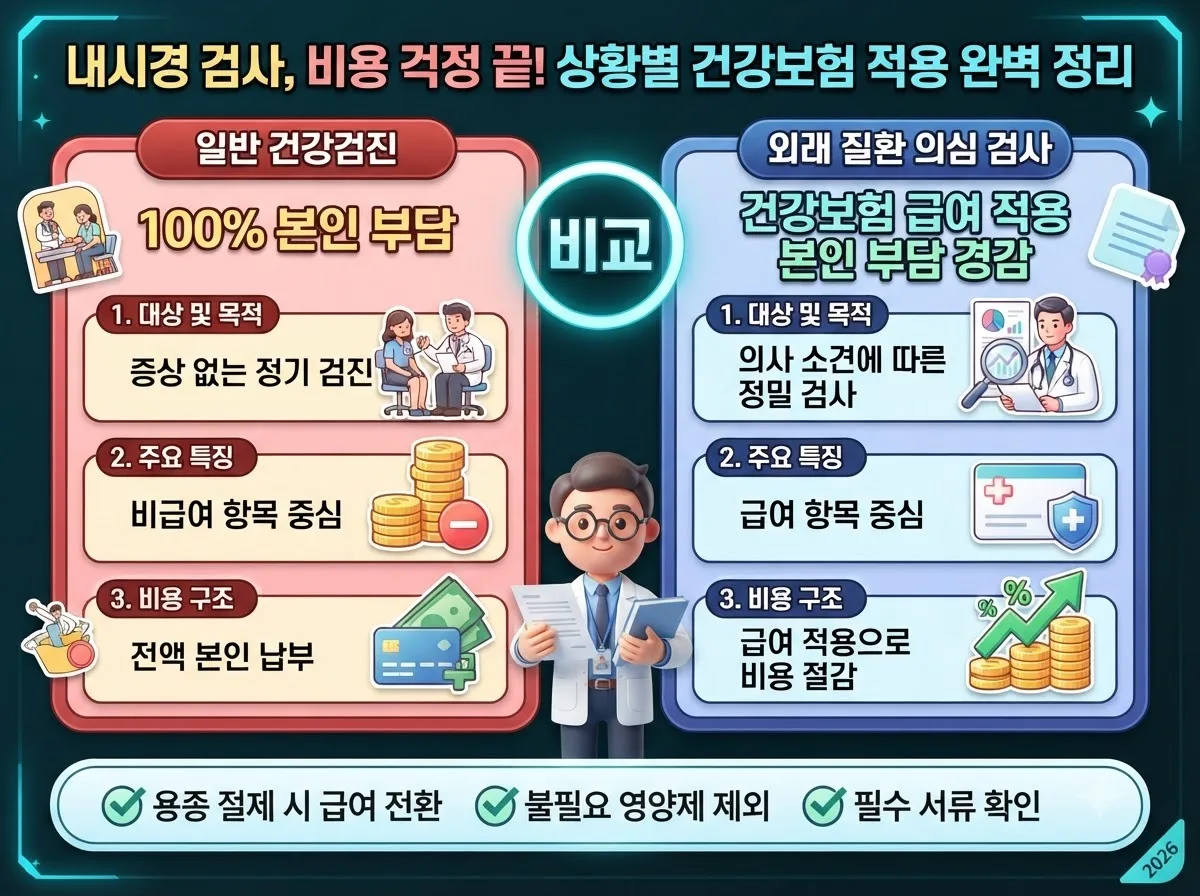 단순 종합검진과 외래 질환 의심 검사의 급여 적용 차이 및 진정내시경 관리료 환급 요건을 비교한 수면내시경 비용 점검 안내 이미지입니다.