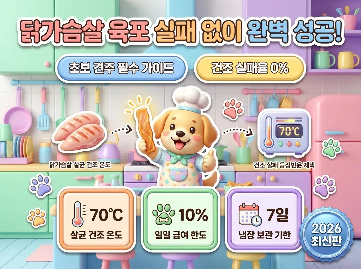 강아지 수제 닭가슴살 육포 만들기를 위한 70도 건조 온도와 보관 기준 및 급여량이 안내된 정보성 썸네일 포스터입니다.