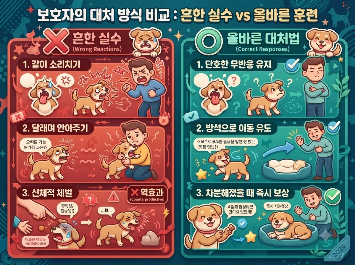강아지 짖음 문제 시 보호자의 흔한 실수 대처법과 올바른 행동 교정 방식을 비교한 안내 이미지