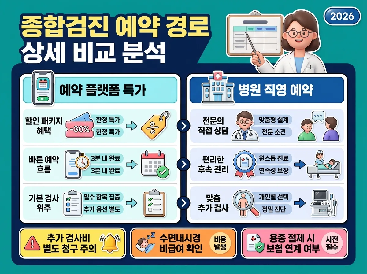 건강검진 모바일 플랫폼 할인 패키지와 병원 직영 예약의 장단점 및 비급여 추가 요금 발생 요소를 비교한 인포그래픽