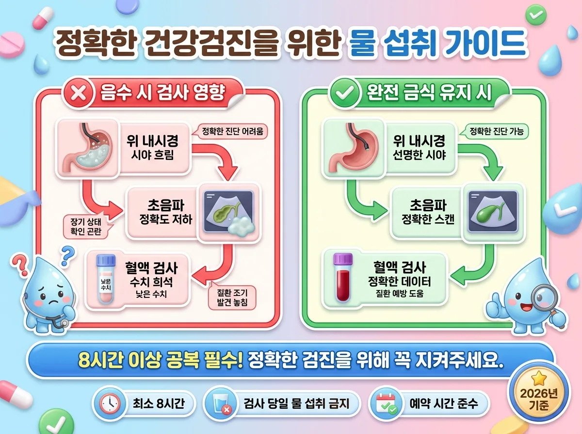 검진 전 수분 섭취가 위내시경 시야 방해 복부초음파 담낭 수축 및 혈액검사 수치에 미치는 영향을 비교 분석한 인포그래픽입니다.
