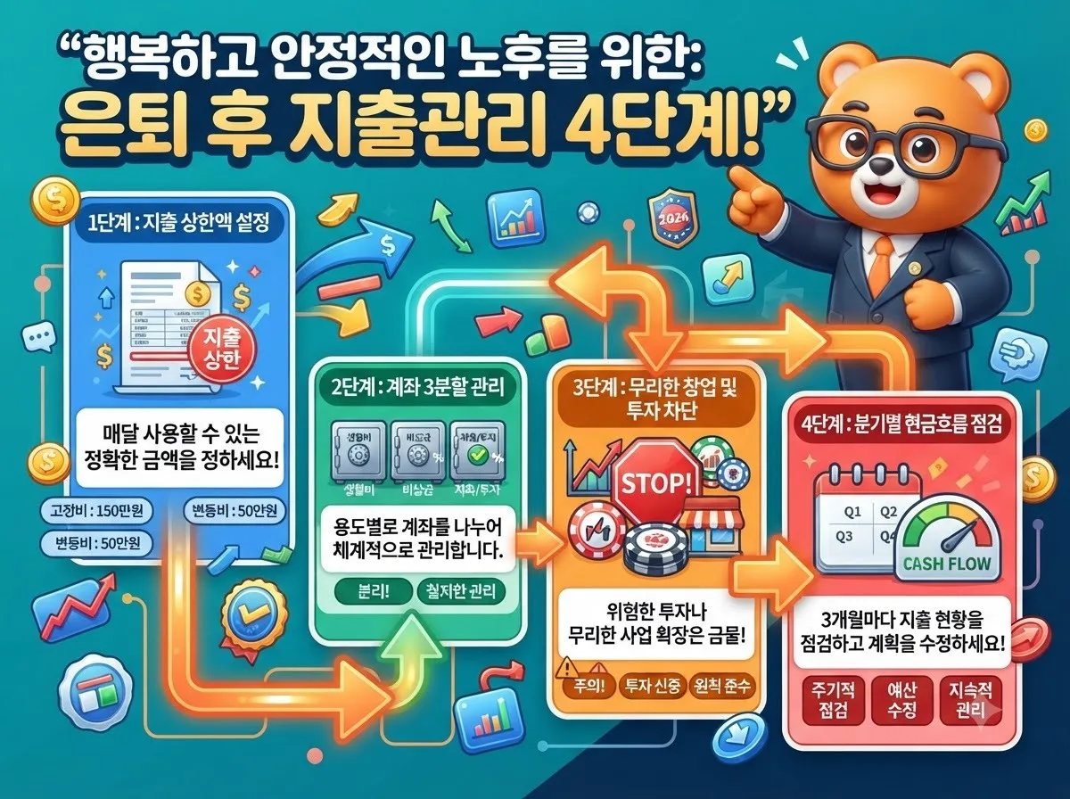 은퇴 자금 손실을 방지하기 위한 지출 통제 및 계좌 분할 4단계 실행 절차를 정리한 인포그래픽