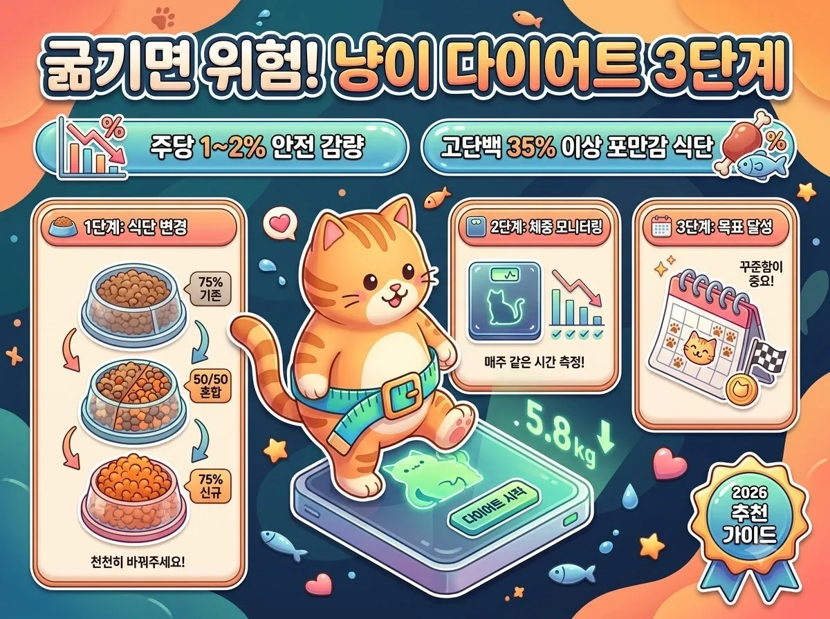 고양이 다이어트 사료 선택법과 안전한 3단계 식단 조절 수칙을 한눈에 정리한 2026년 인포그래픽 가이드 포스터입니다.