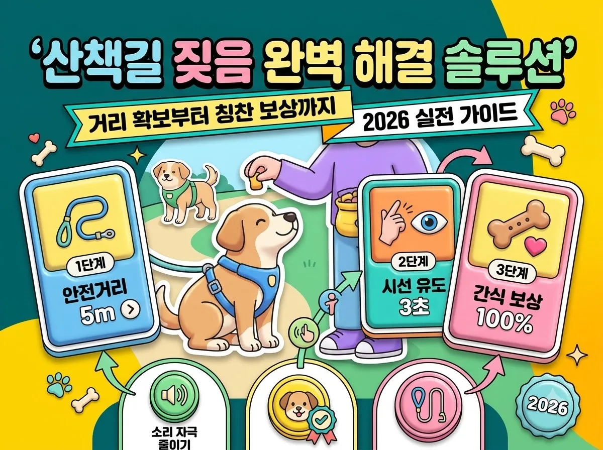 산책 중 짖는 강아지를 위한 4단계 훈련법과 안전거리 확보 솔루션을 정리한 정보성 포스터