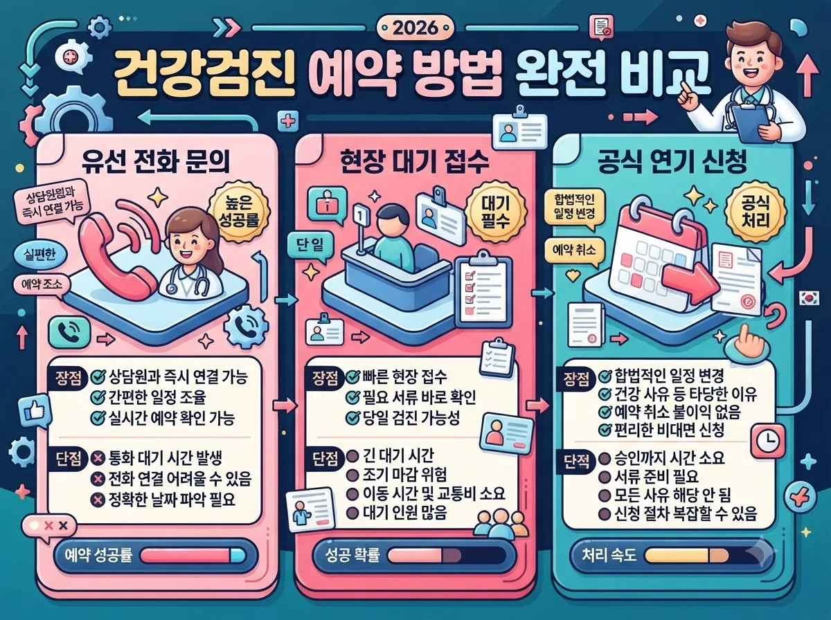 건강검진 당일 잔여 슬롯 접수 채널별 특징과 공단 연기 신청 장단점 비교 인포그래픽