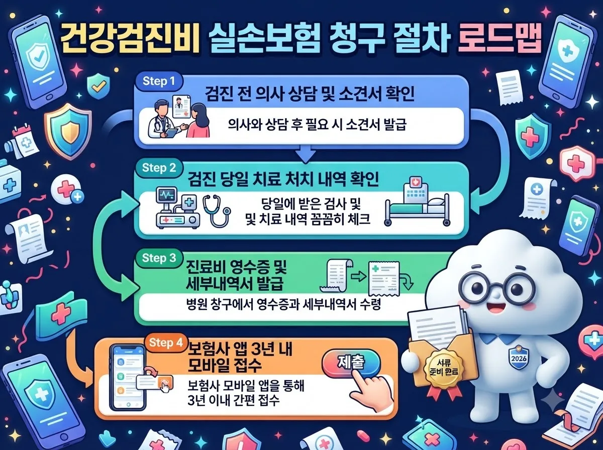 건강검진 후 영수증 발급부터 모바일 보험금 청구 접수까지 4단계 실행 절차를 정리한 가이드 인포그래픽